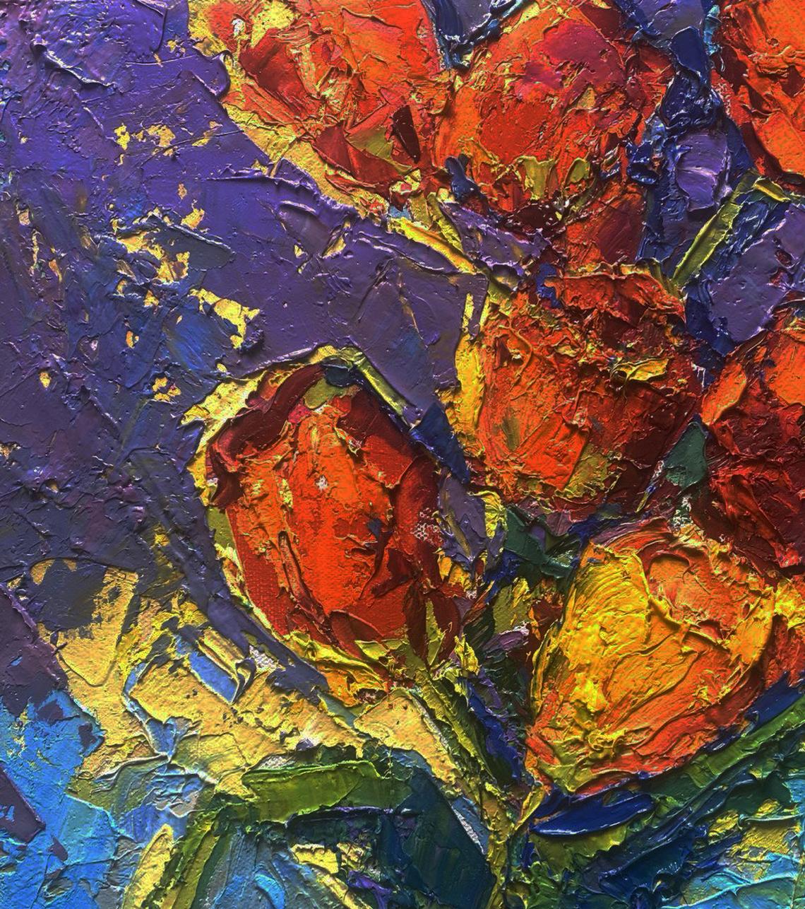 Vibrant impressionist oil painting of tulips in vase by Oleksiy Ivanyuk