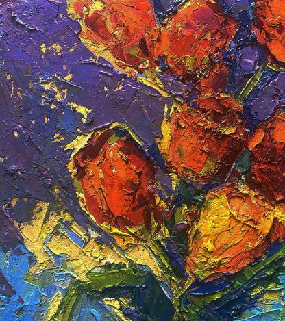 Vibrant impressionist oil painting of tulips in vase by Oleksiy Ivanyuk