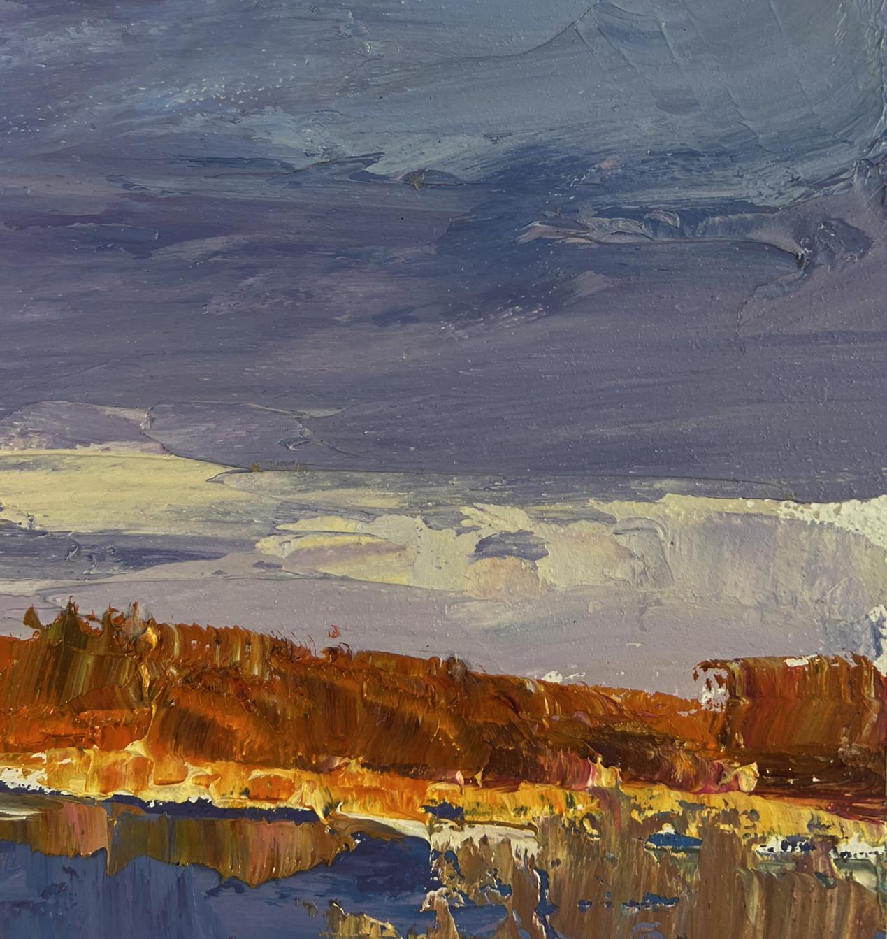 Oil painting Silent Cover by Boris Serdyuk: purple sky over fiery landscape