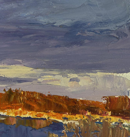 Oil painting Silent Cover by Boris Serdyuk: purple sky over fiery landscape