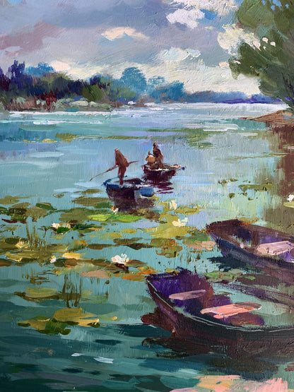 Vibrant impressionistic oil painting by Yuriy Suprunchuk: serene lake with boats