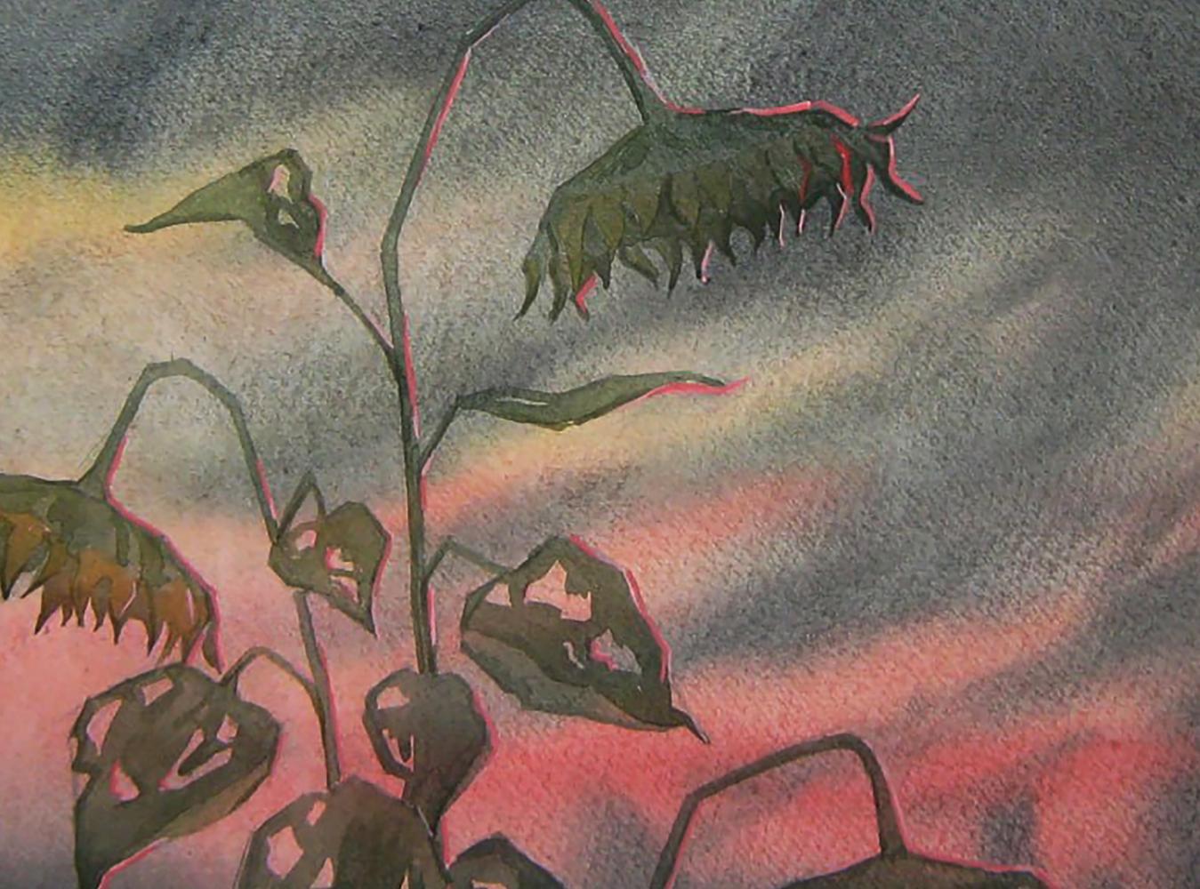 Watercolor painting of wilted sunflowers at sunset by Valery Savenets