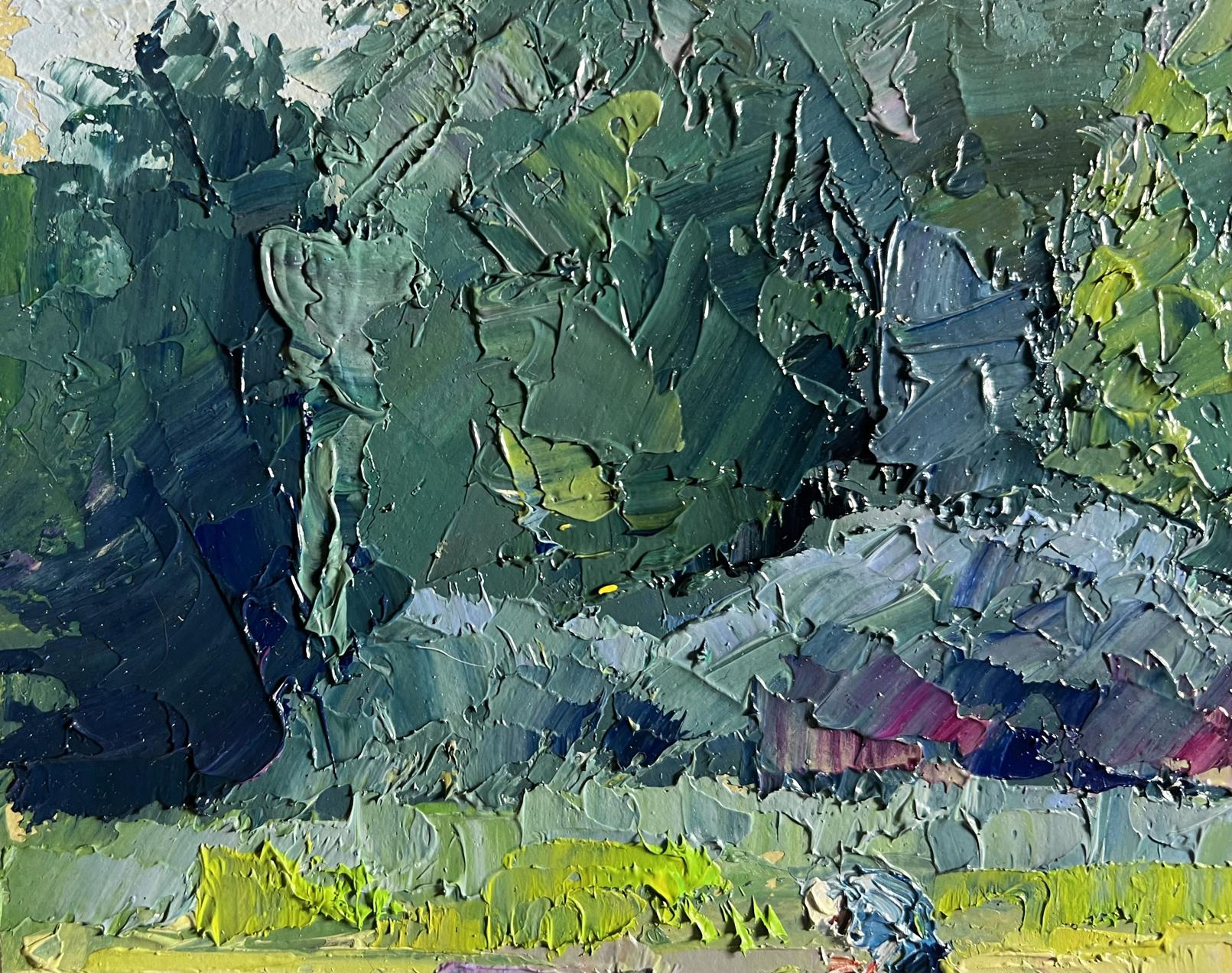 Oil painting Preparing for winter by Boris Serdyuk, textured green blue landscape