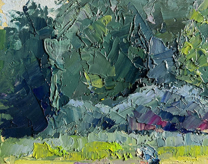 Oil painting Preparing for winter by Boris Serdyuk, textured green blue landscape