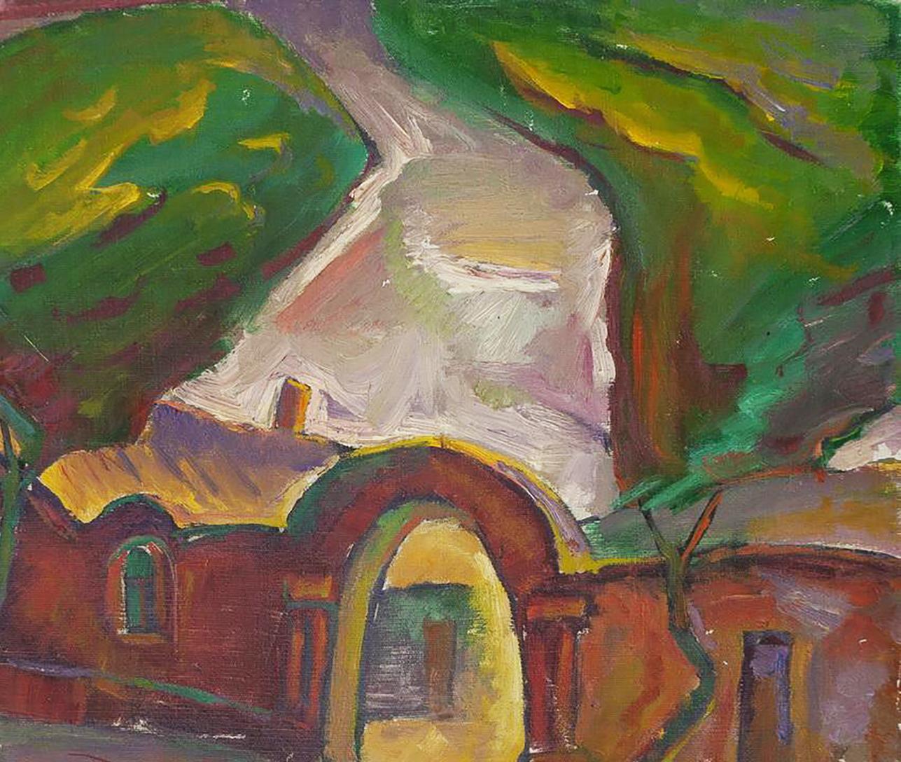 Oil painting by Oleksandr Andreev: vibrant red-brick house landscape