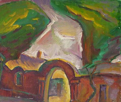 Oil painting by Oleksandr Andreev: vibrant red-brick house landscape