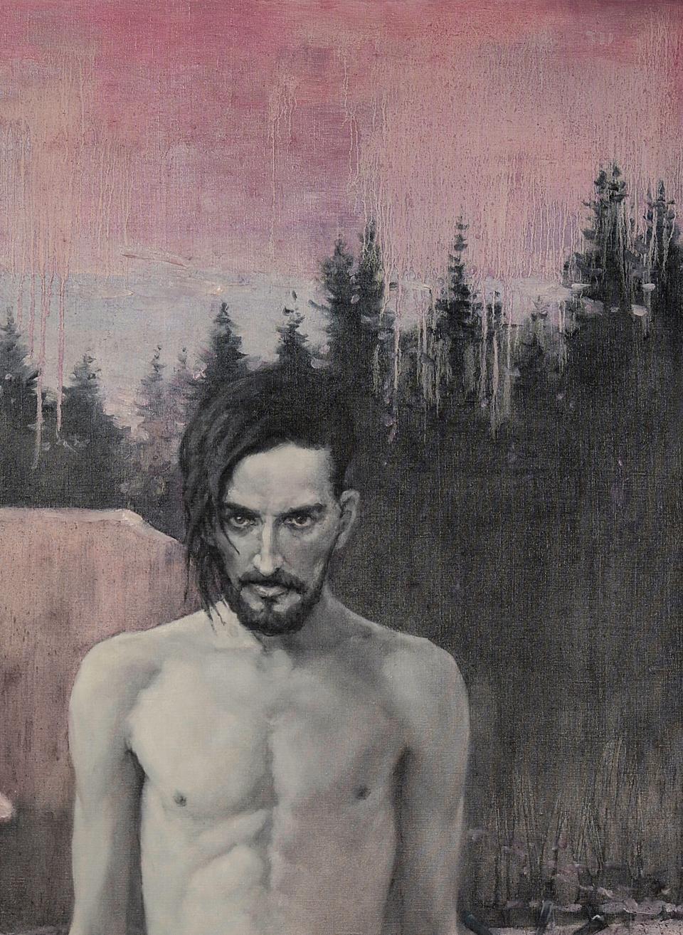 Monochromatic oil painting of shirtless bearded man in forest by Oleg Kateryniuk