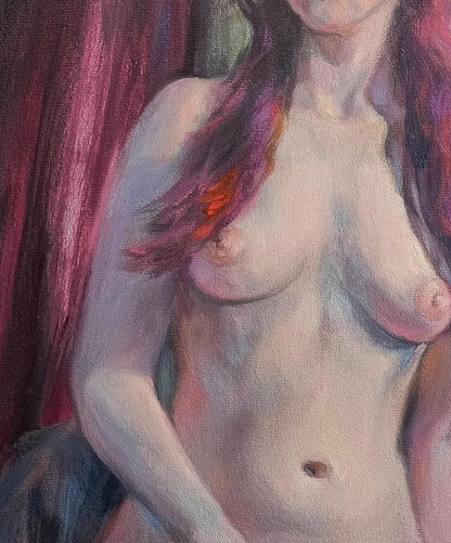 Impressionistic female figure in violet orange by Oksana Osnach oil painting