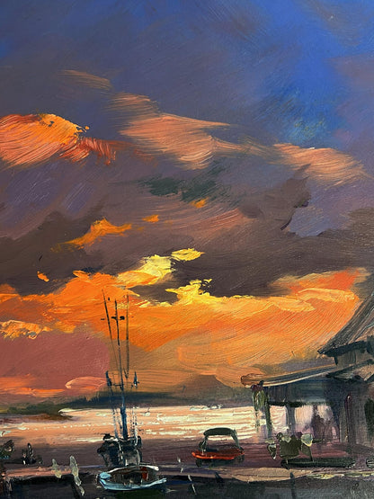 Oil painting Evening boat dock by Yuriy Suprunchuk: vibrant sunset harbor