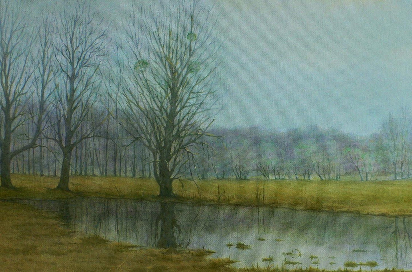 Oil painting of autumn swamp by Vasily Korkishko: serene watercolor landscape with bare trees reflected in misty pond under gray sky
