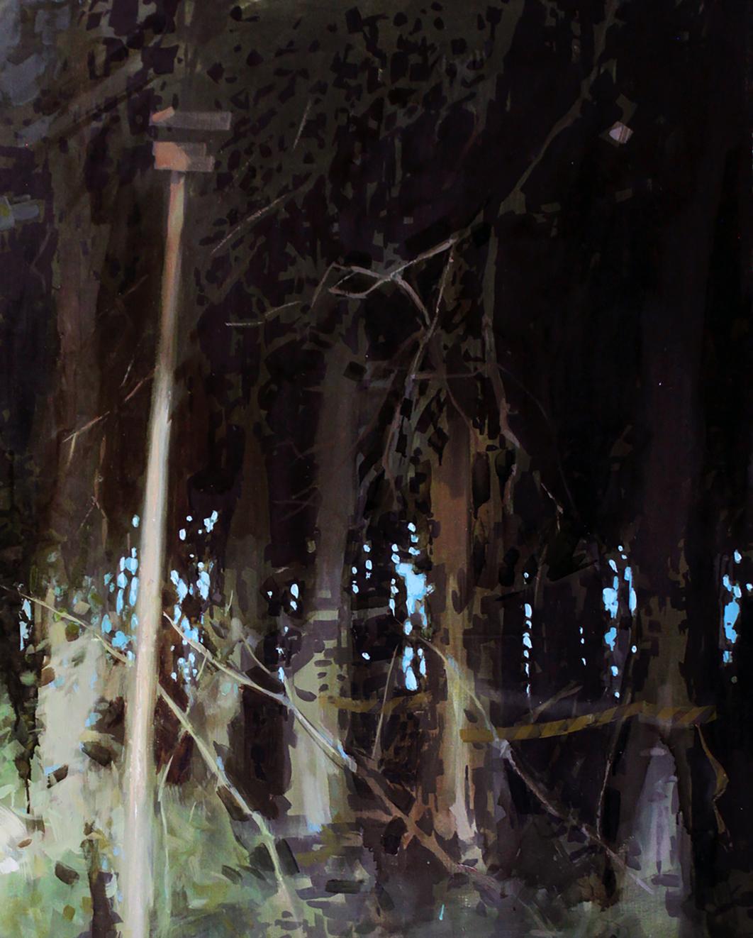 Oil painting Outskirts by Ed Potapenkov: tall wooden pole in dark forest
