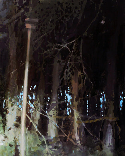 Oil painting Outskirts by Ed Potapenkov: tall wooden pole in dark forest