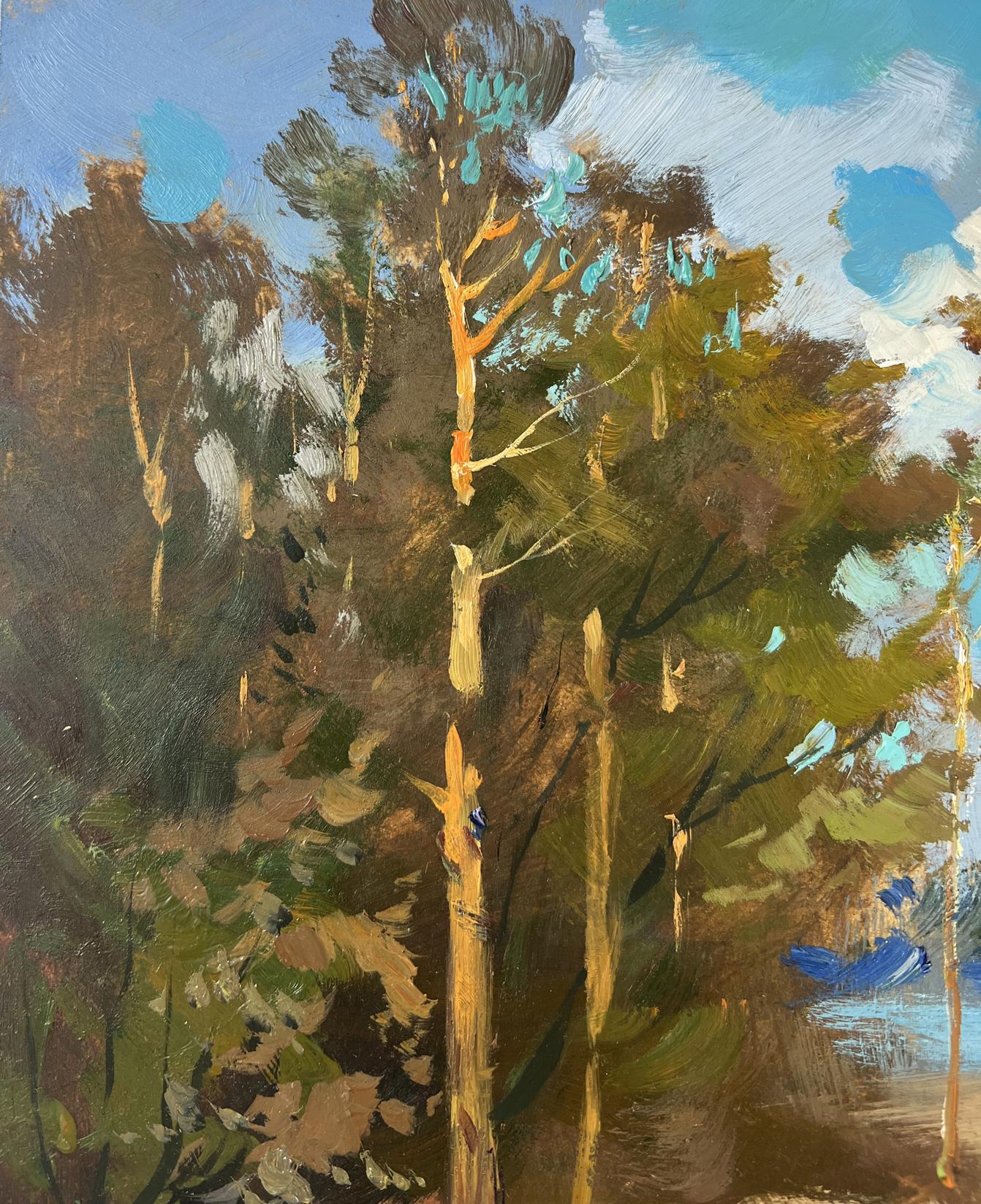 Vibrant impressionist oil painting by Yuriy Suprunchuk of sunlit trees and riverbank