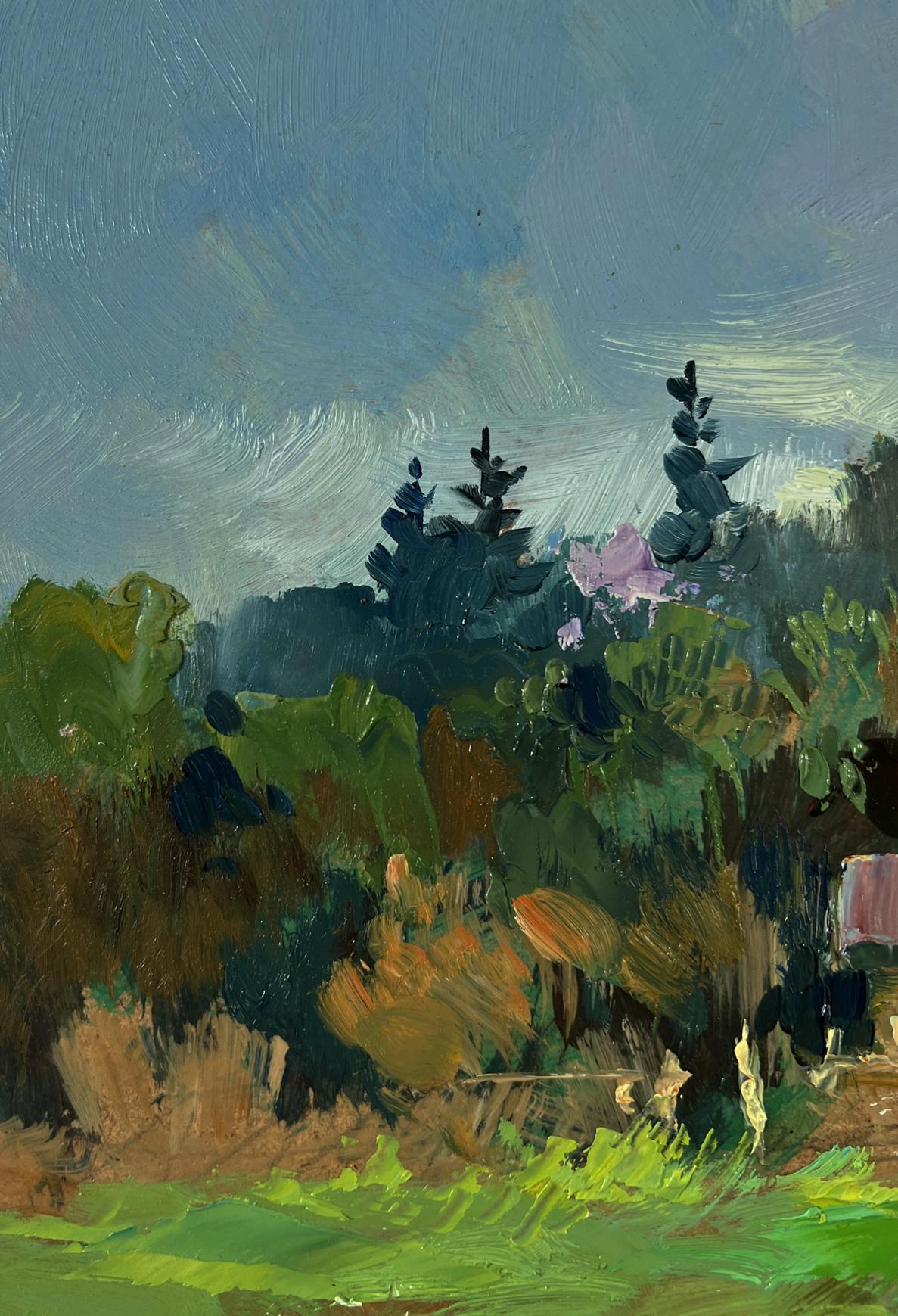 Oil painting of country house by Yuriy Suprunchuk with pink flower