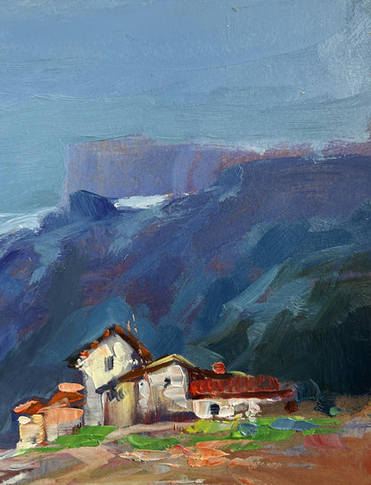 Oil painting of rustic white house with red roof in mountains by Yuriy Suprunchuk