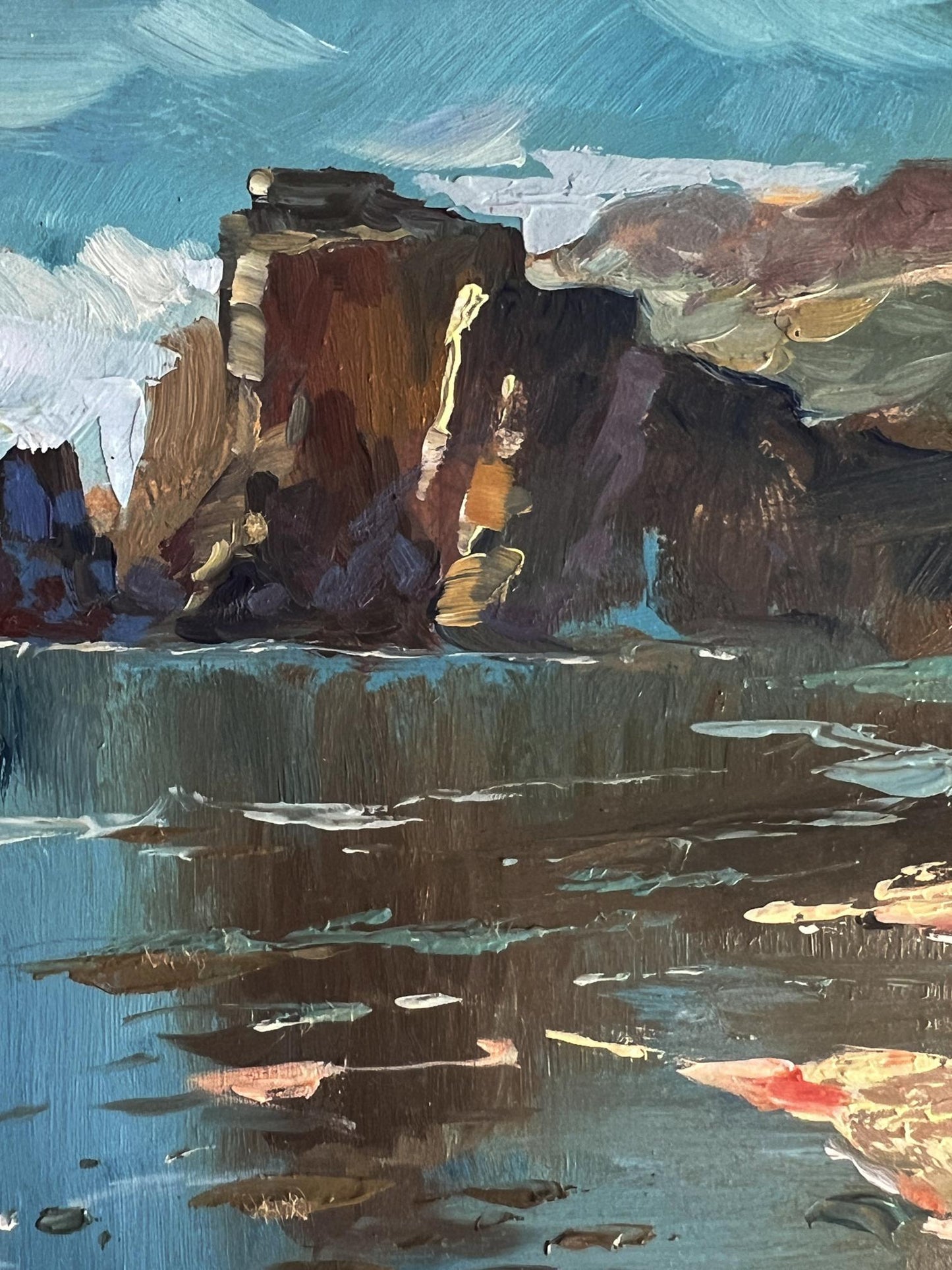 Oil painting of rugged coast near mountains by Yuriy Suprunchuk