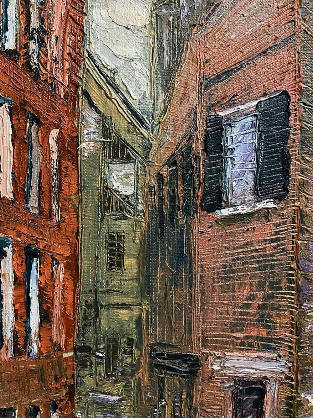 Oil painting by Serhiy Kovalev of narrow alleyway with red brick buildings