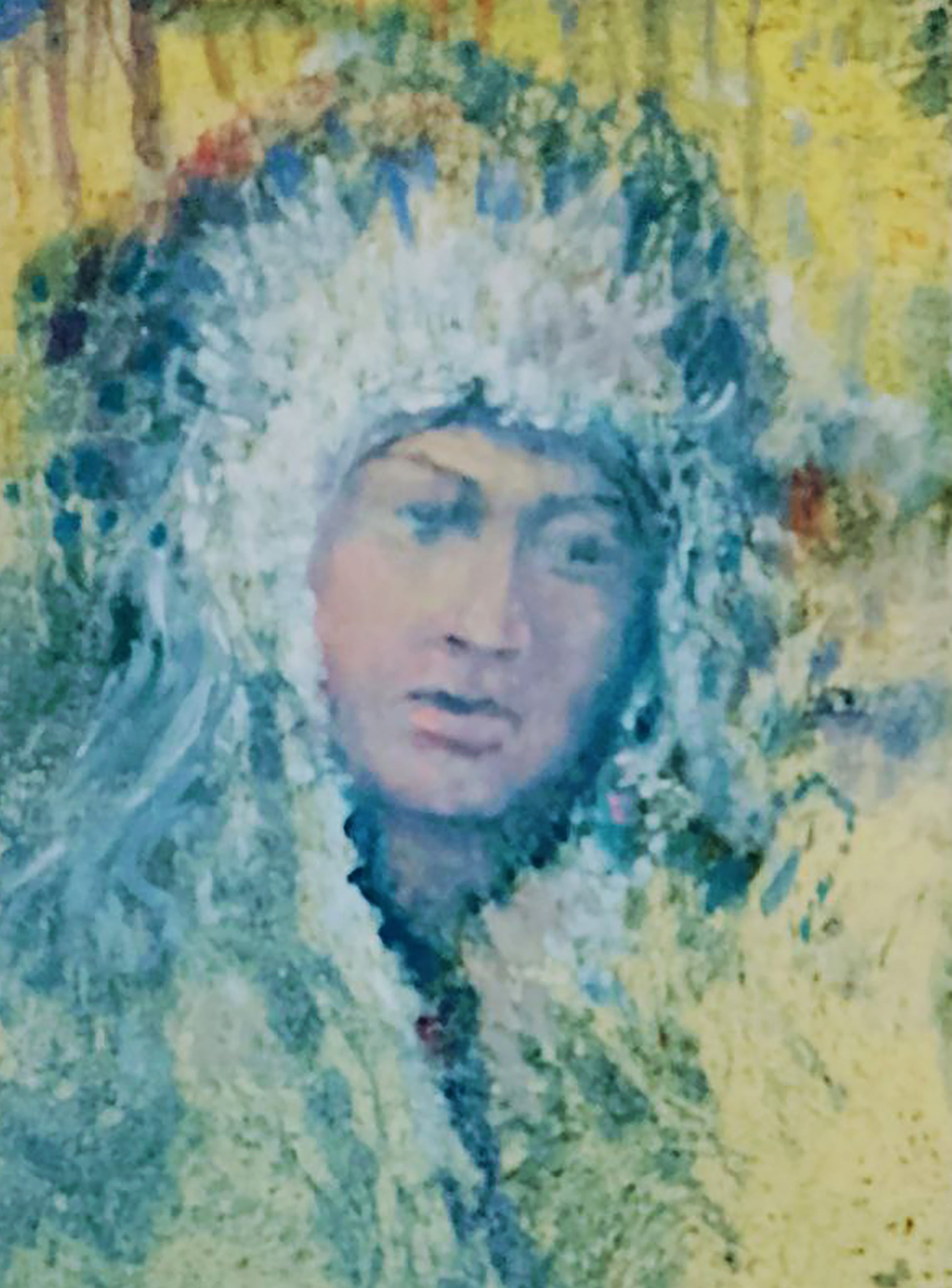 Oil painting Dreaming by Vitaly Duhnevich: woman in fluffy white headdress