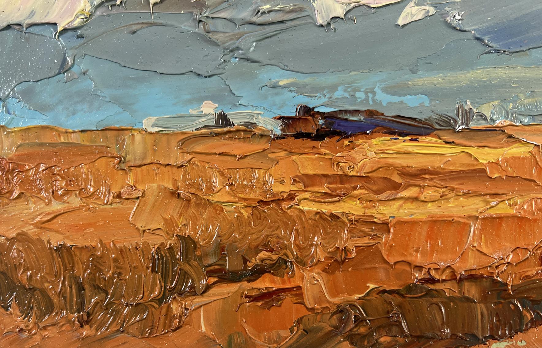 Oil painting Where There Is Bread There Is a Home by Boris Serdyuk, textured orange-brown landscape