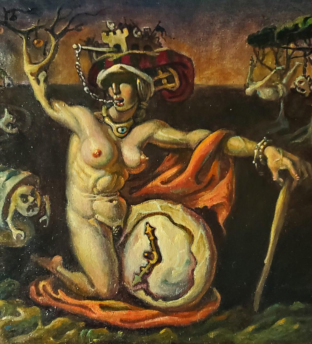 Surreal oil painting Time of Vice by Daniil Litvinov: nude crowned figure with orange cloth and cracked clock