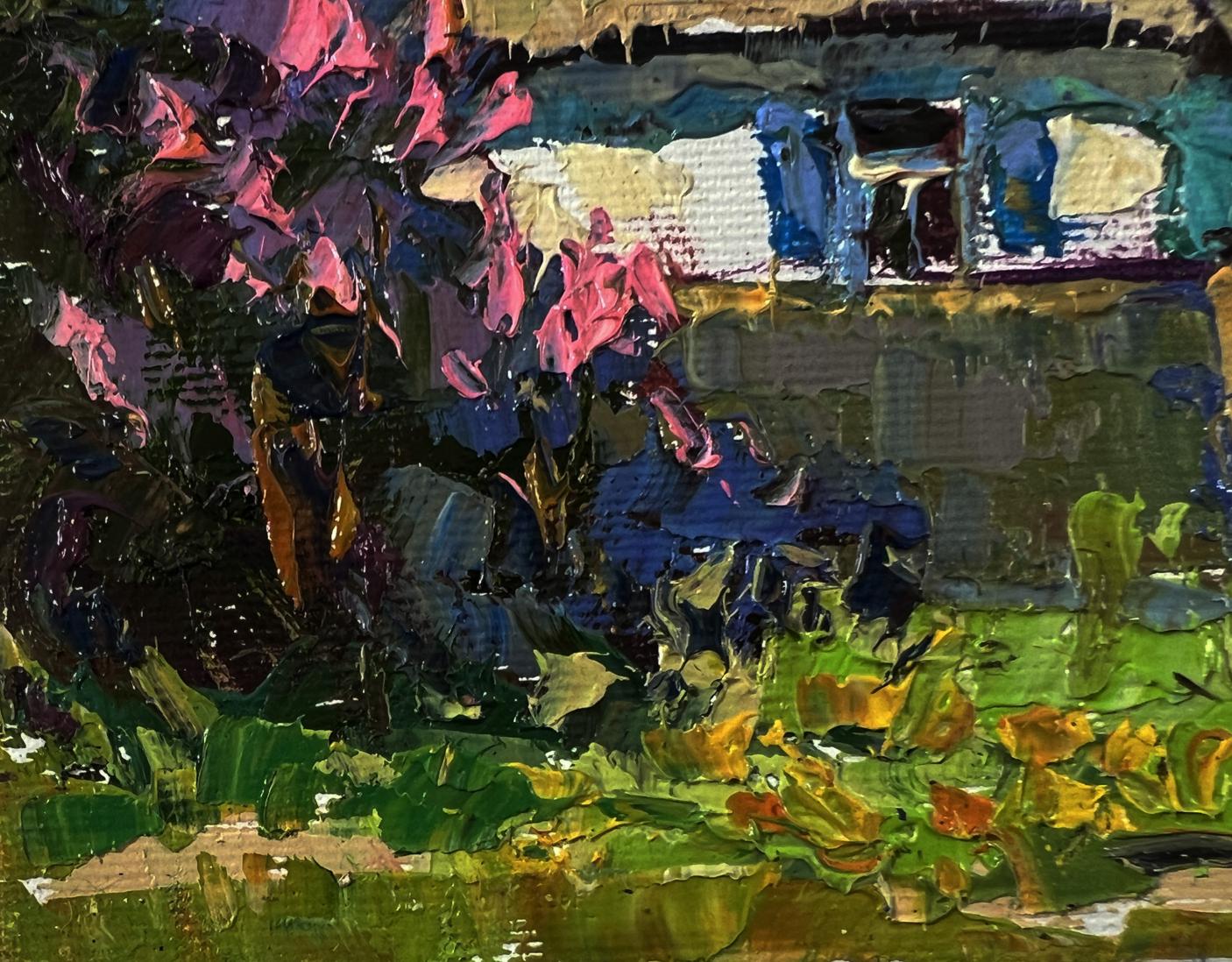 Oil painting Warm day in the village by Oksana Ivanyuk with vibrant pink flowers