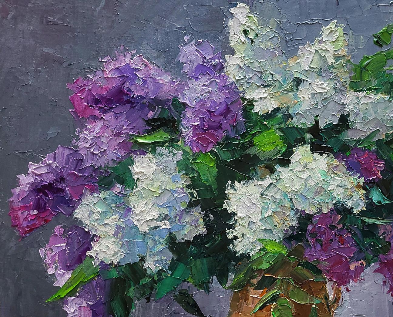 Oil painting Lilac in a jug by Boris Serdyuk: purple white lilacs in rustic vase