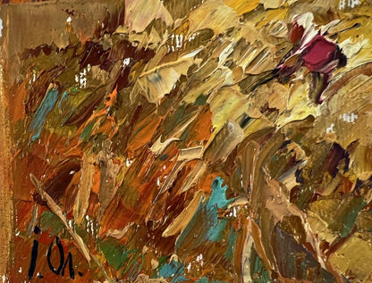 Oil painting Daytime haymaking by Oleksiy Ivanyuk with red flower