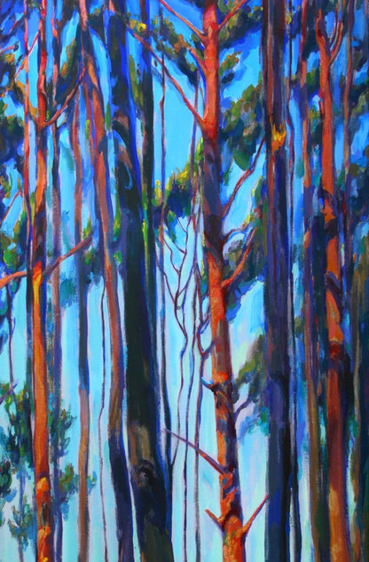 Vibrant orange and green pine forest in summer acrylic painting by Leonid Pavlenko