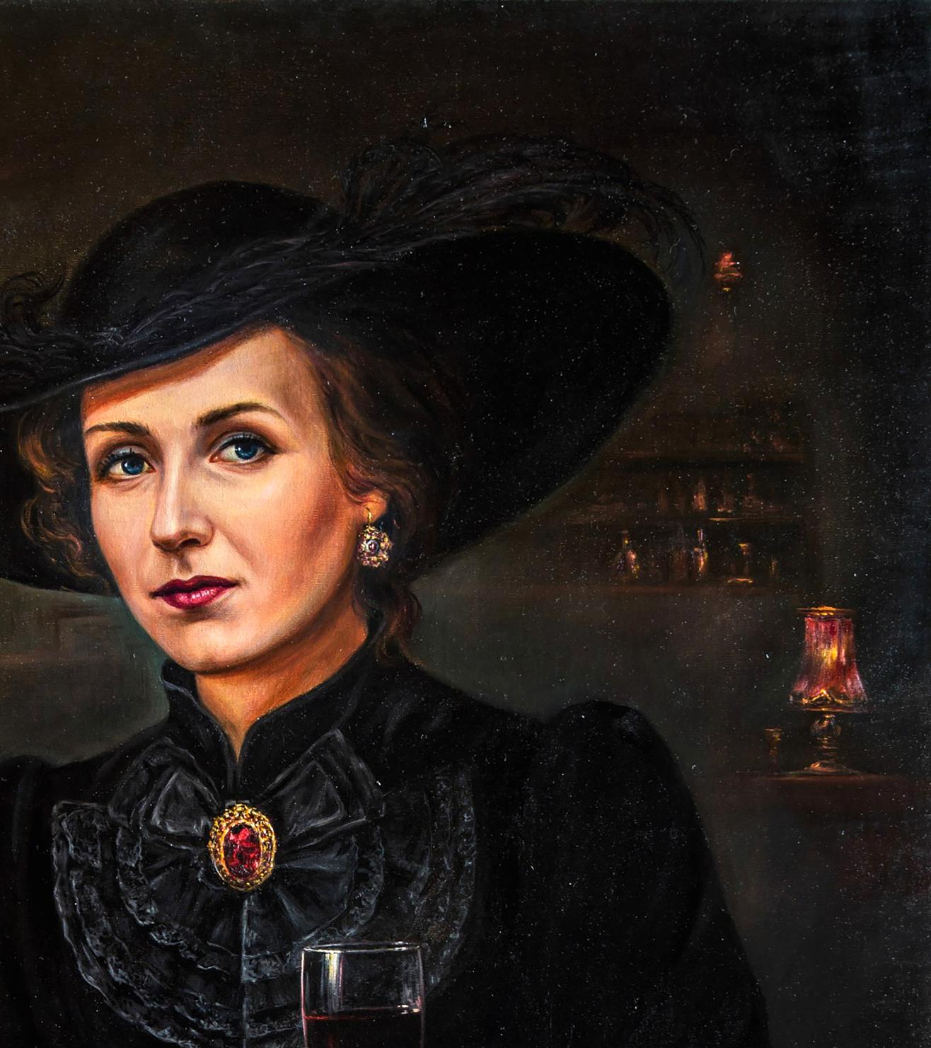 Oil painting of woman in black velvet dress, red gem brooch, feathered hat by Valeriy Bulat