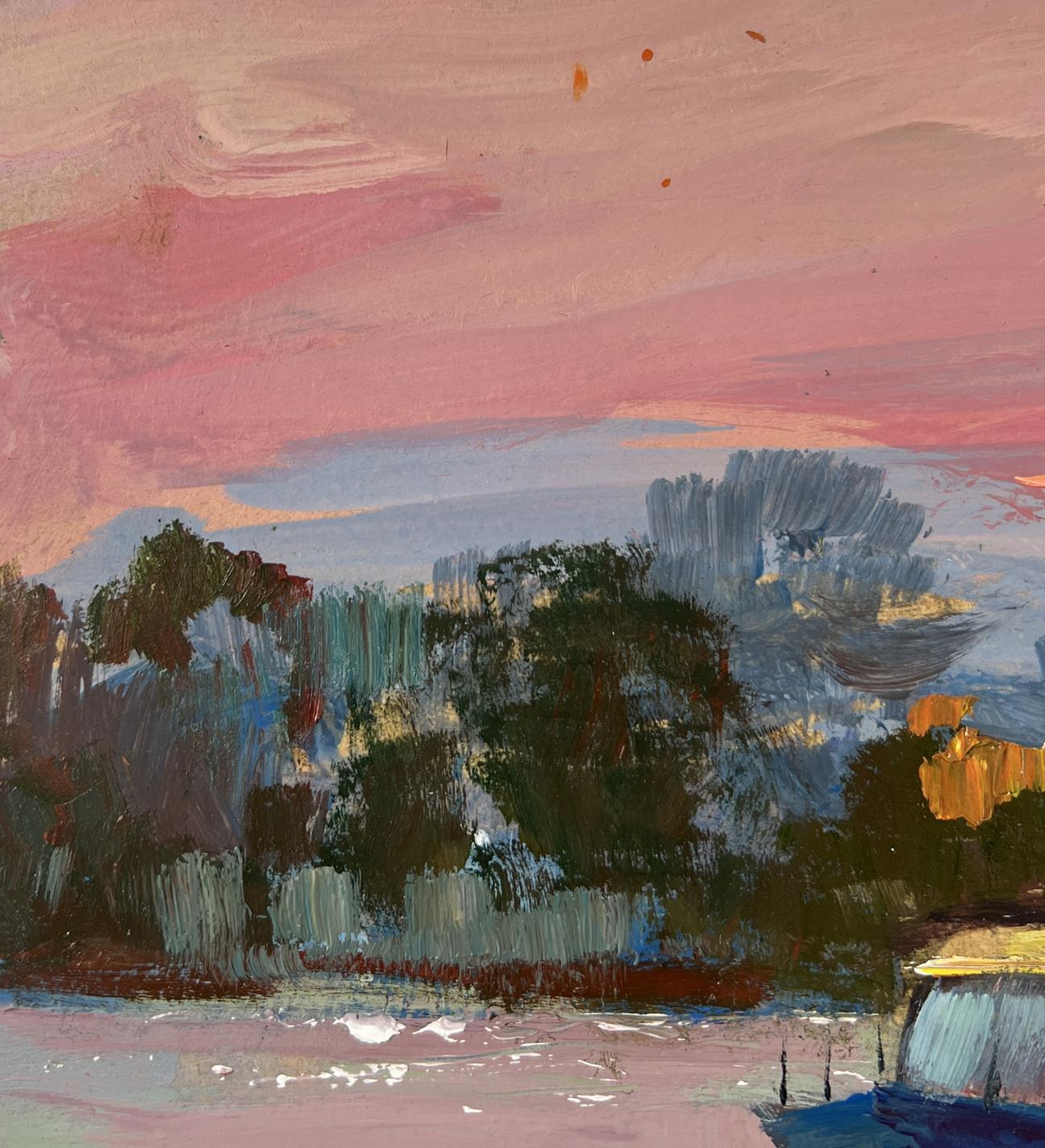 Oil painting of boat under sea windows by Yuriy Suprunchuk, pink blue twilight landscape