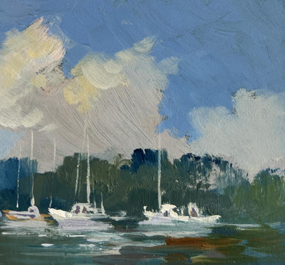 Serene impressionistic oil painting of sailboats at summer yacht club by Yuriy Suprunchuk