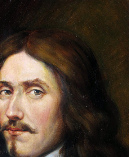 Classical oil painting portrait of Chevalier Valeriy Bulat with long dark brown hair and mustache