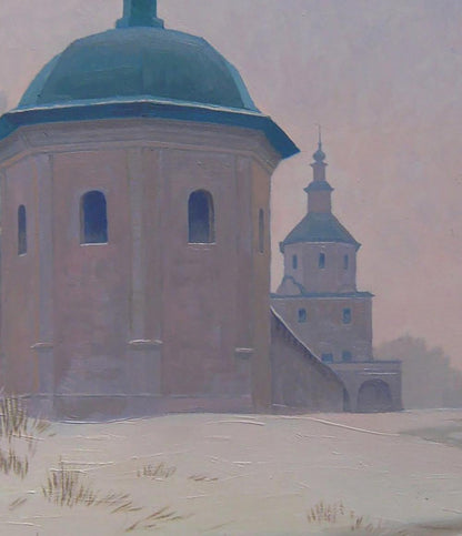 Oil painting Winter Church by Valery Savenets, teal dome stone church