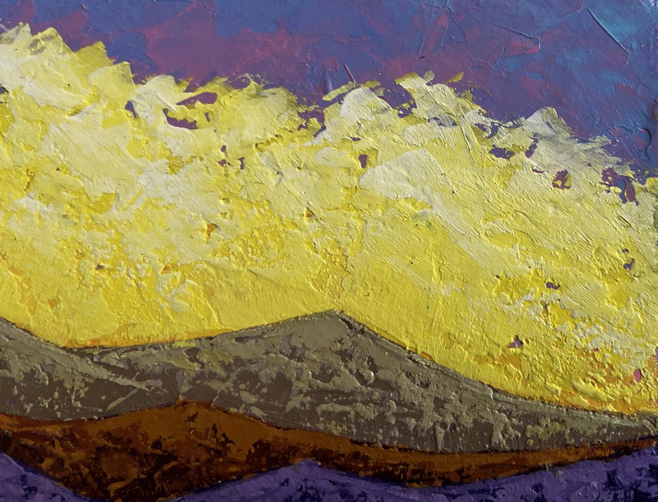 Oil painting Observing a natural phenomenon V. Zadorozhnya with yellow purple gray impasto