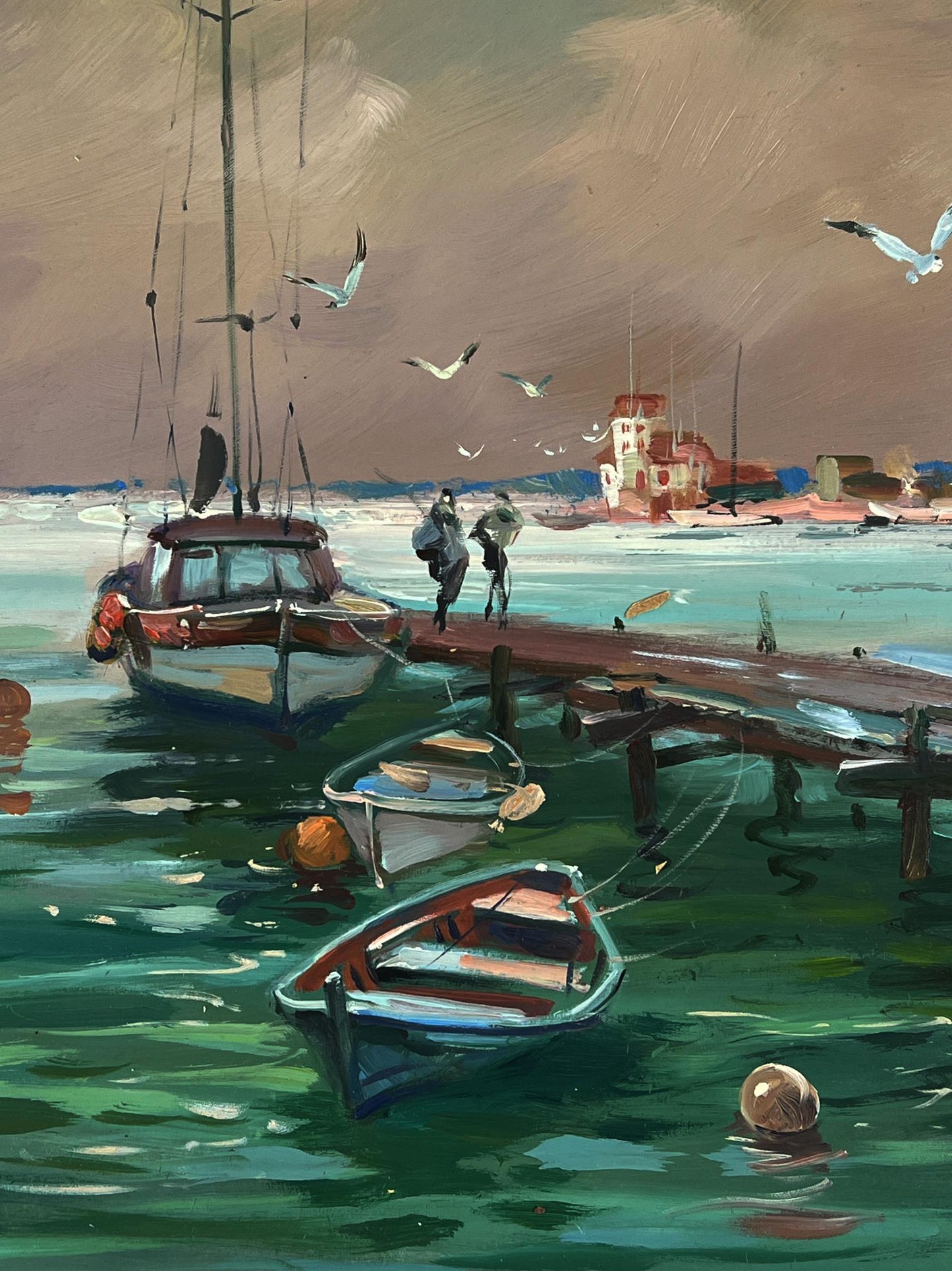 Oil painting by Yuriy Suprunchuk: seagulls fly over weathered pier in turquoise water