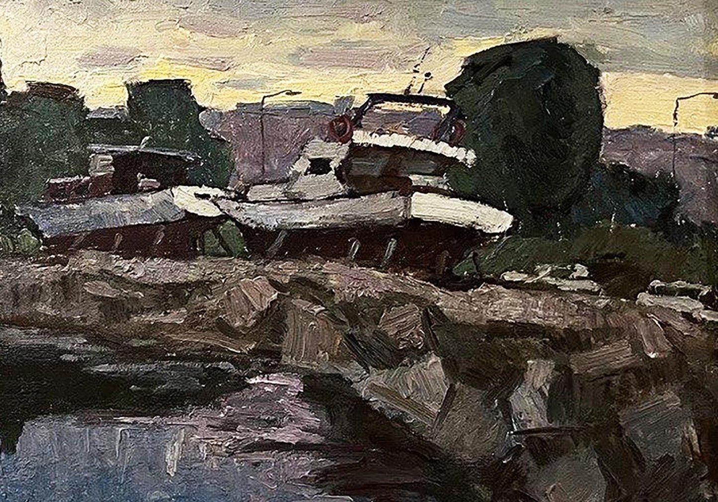 Oil painting Twilight by Oleksandr Andreev: boat on rocky shore under impressionistic sky