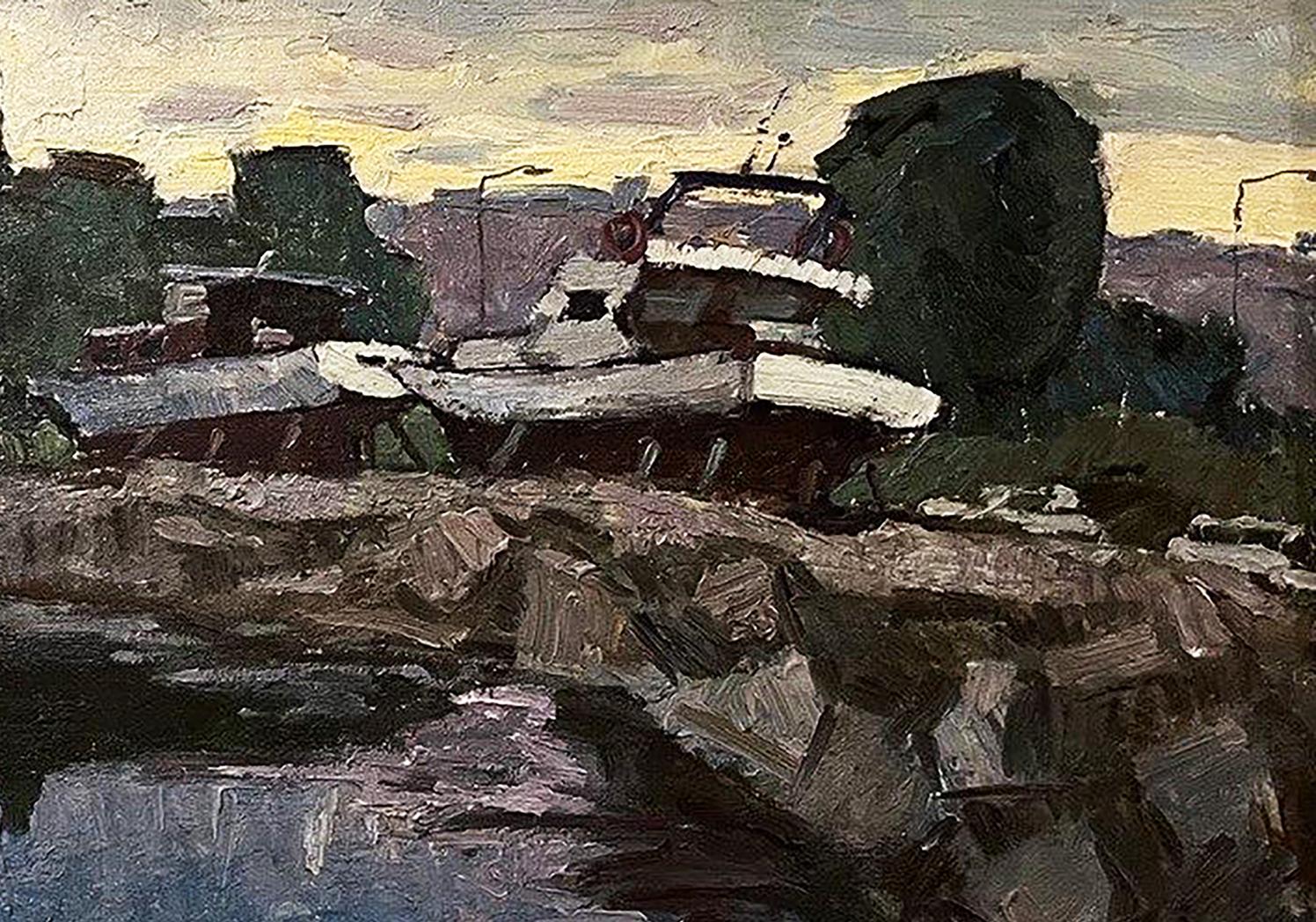 Oil painting Twilight by Oleksandr Andreev: boat on rocky shore under impressionistic sky