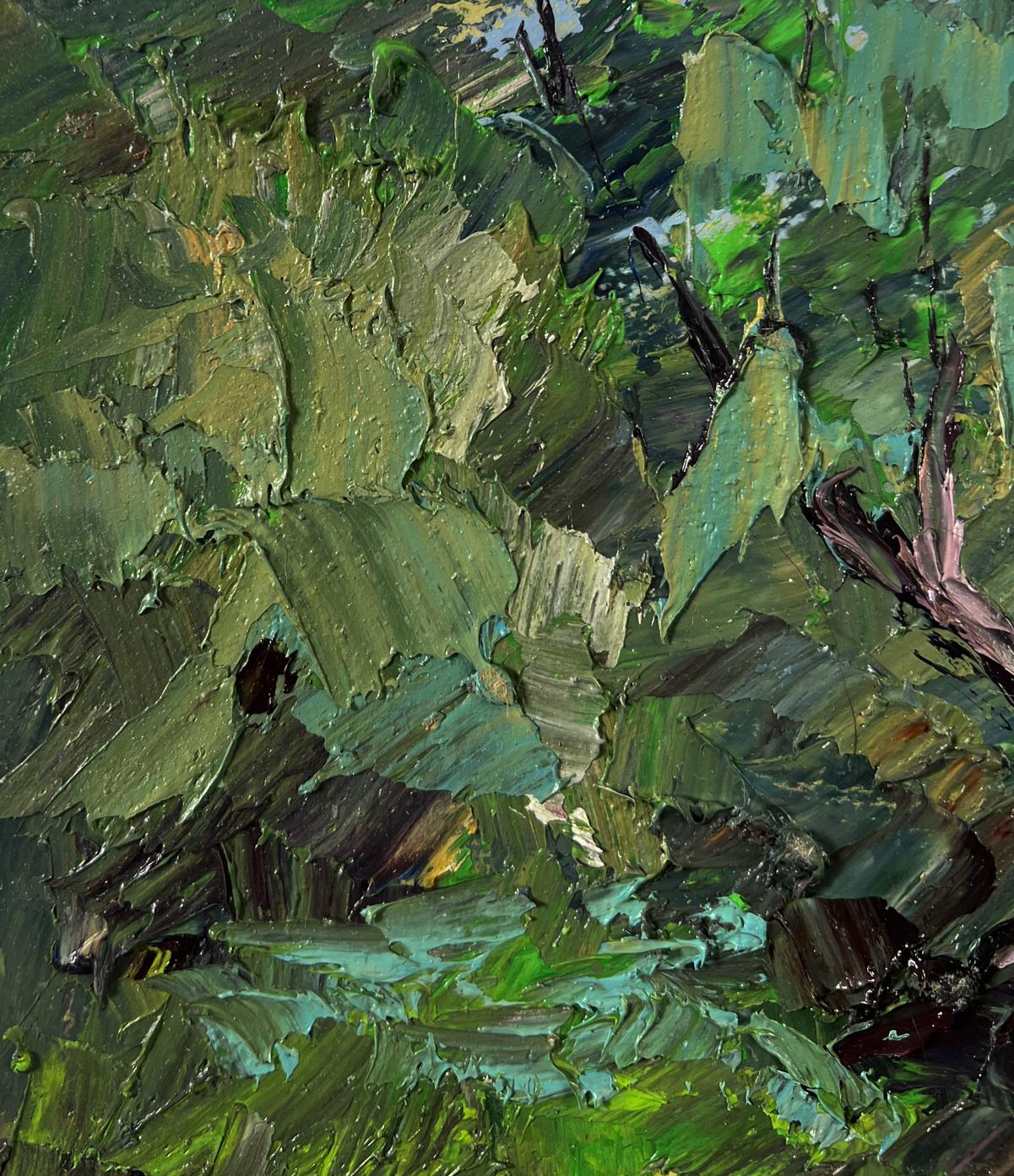 Textured impasto oil painting of forest floor and trees above river by Boris Serdyuk