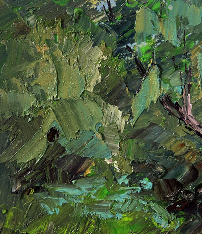 Textured impasto oil painting of forest floor and trees above river by Boris Serdyuk