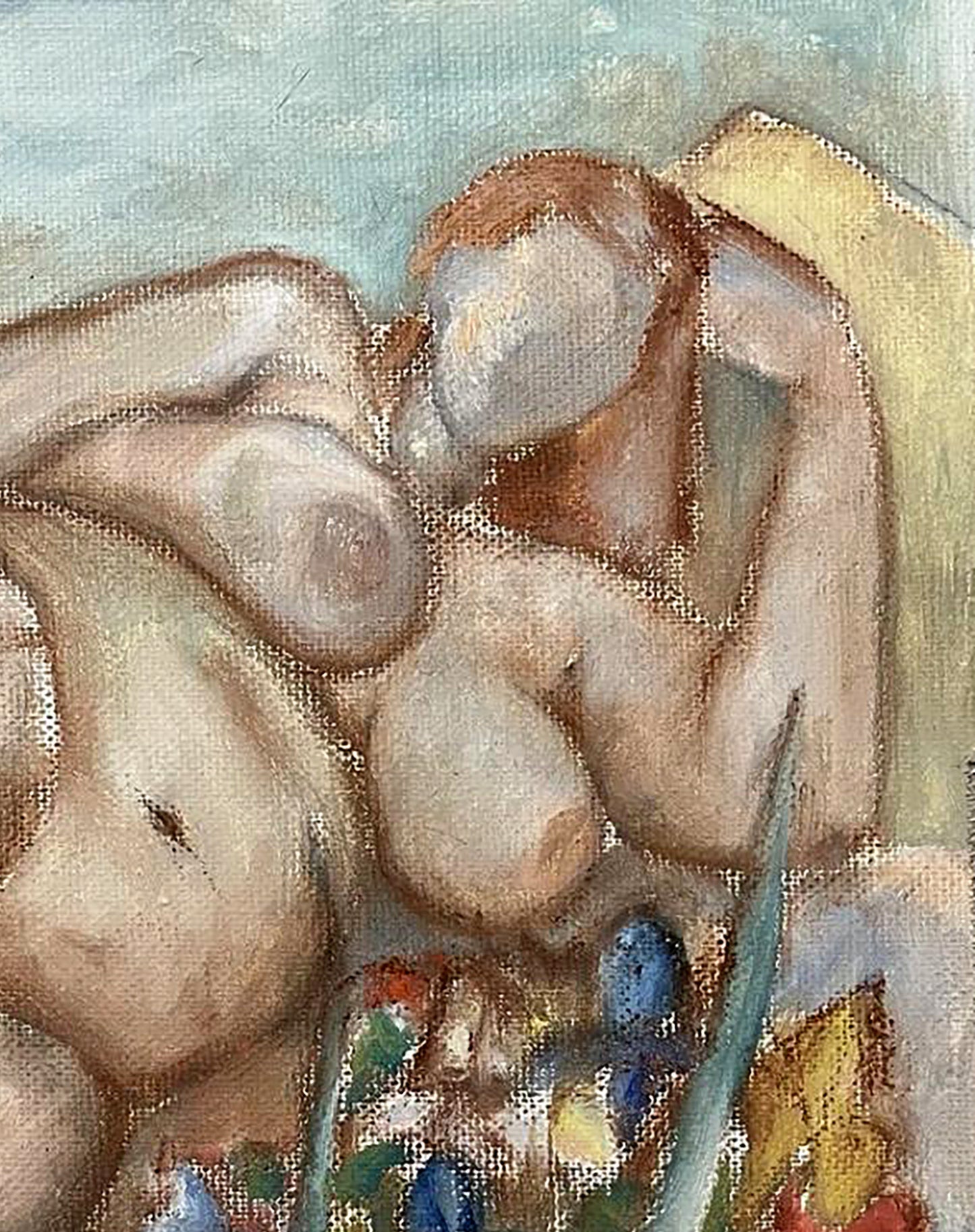 Impressionistic oil painting of figure embrace with flowers by Tatyana Nikolsk