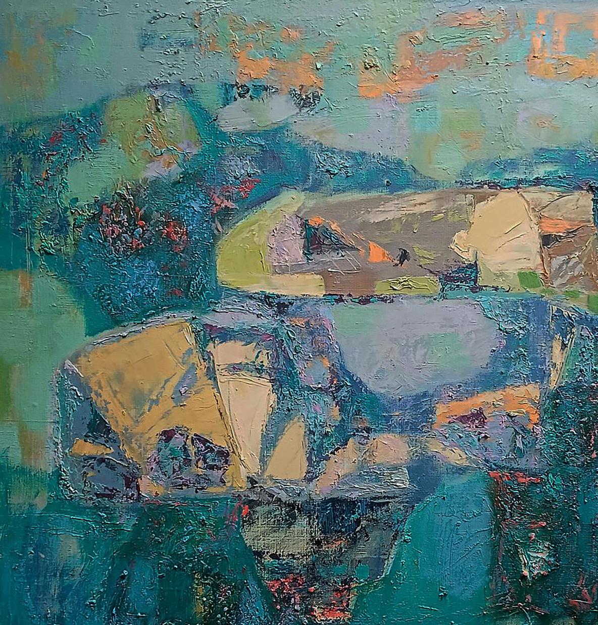 Island of Freedom oil painting by Tatyana Shulyak in teal impasto