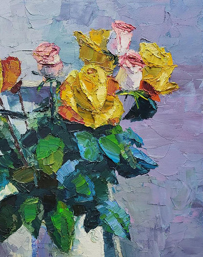 Oil painting Roses Boris Serdyuk: yellow pink roses impasto on lavender