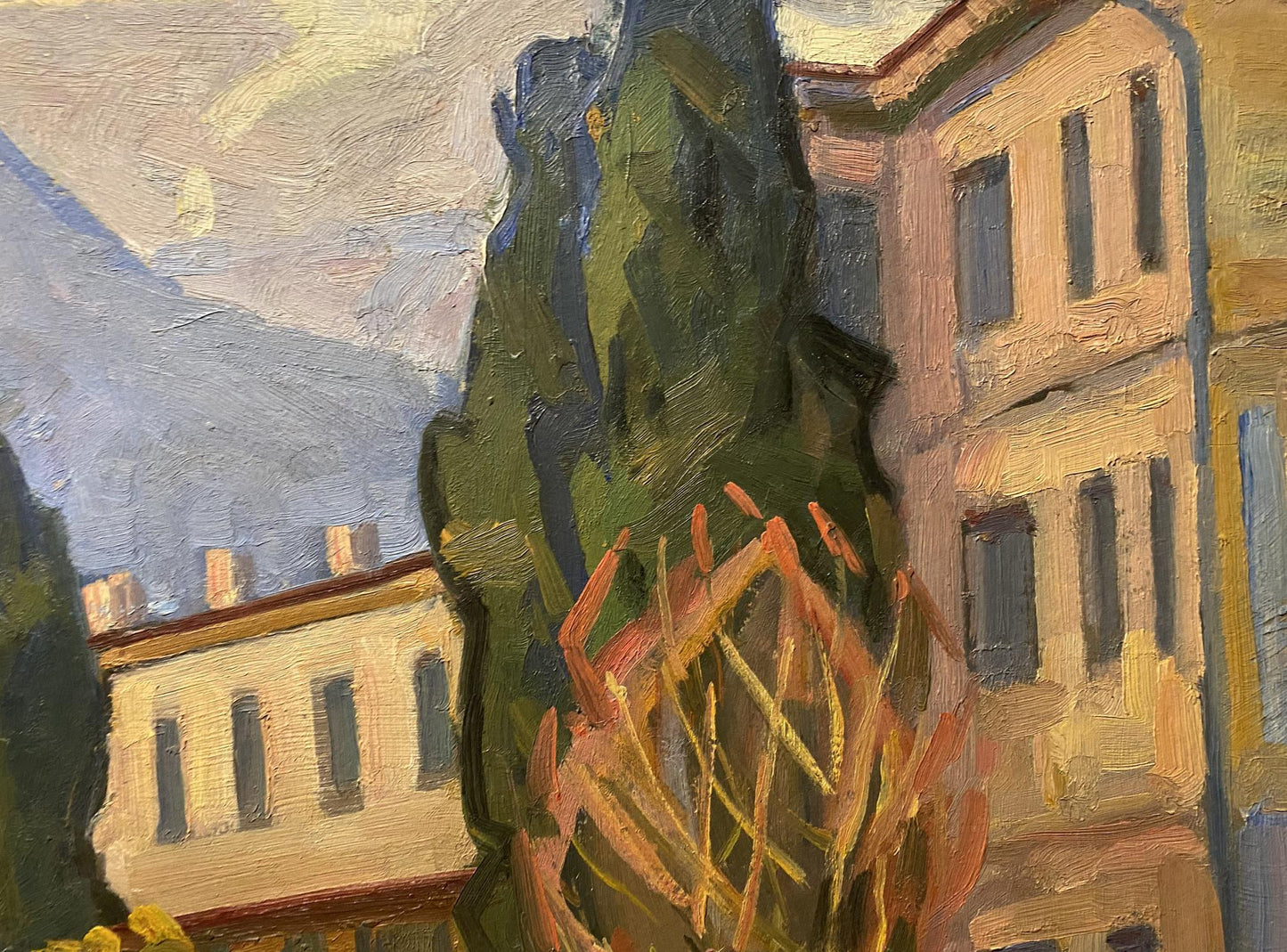 Oil painting of city streets by Nikolai Hrustalenko with tall evergreen tree