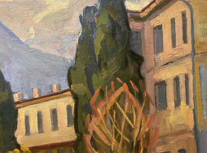 Oil painting of city streets by Nikolai Hrustalenko with tall evergreen tree