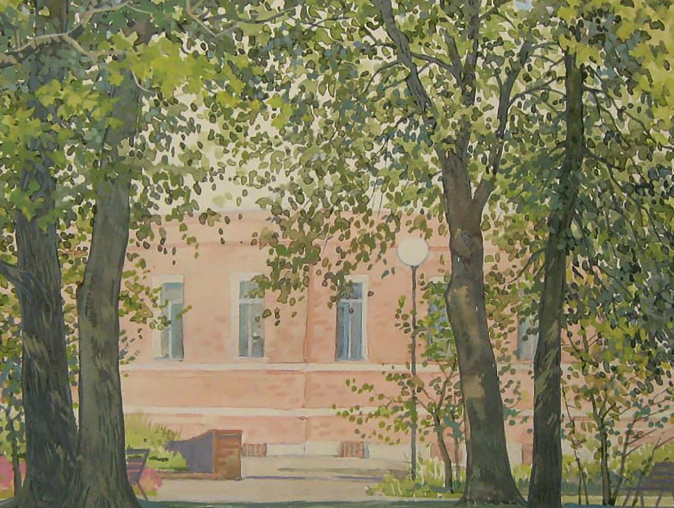Watercolor painting of peach brick building in summer park by Valery Savenets