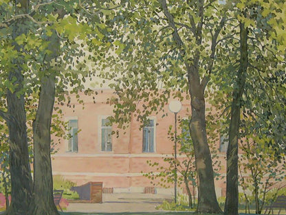 Watercolor painting of peach brick building in summer park by Valery Savenets