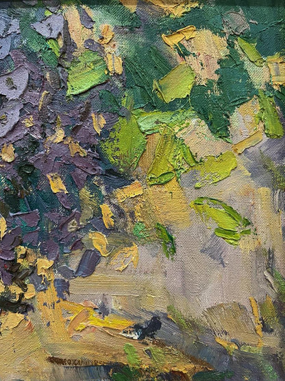 Oil painting Summer bouquet by Oleksandr Andreev with impasto green hues