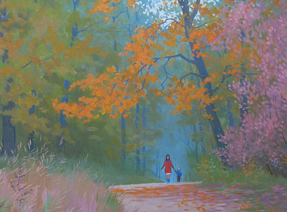 Oil painting by Valery Savenets: woman in red coat walks hand-in-hand with child on misty autumn forest path