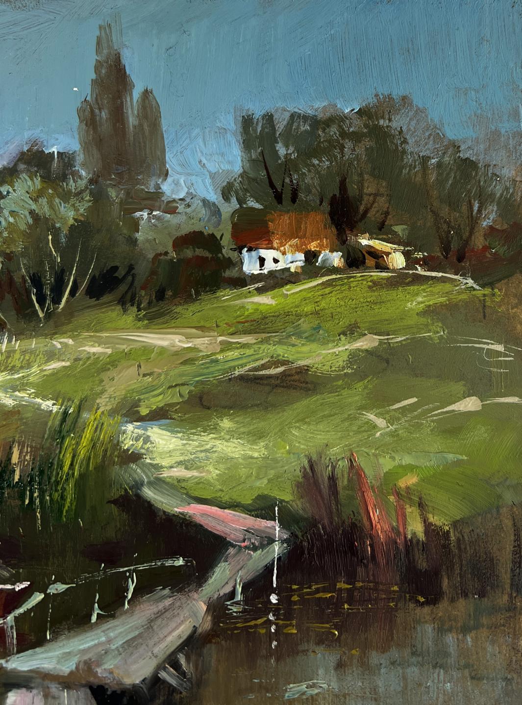 Oil painting of rustic white cottage by Yuriy Suprunchuk among green hills