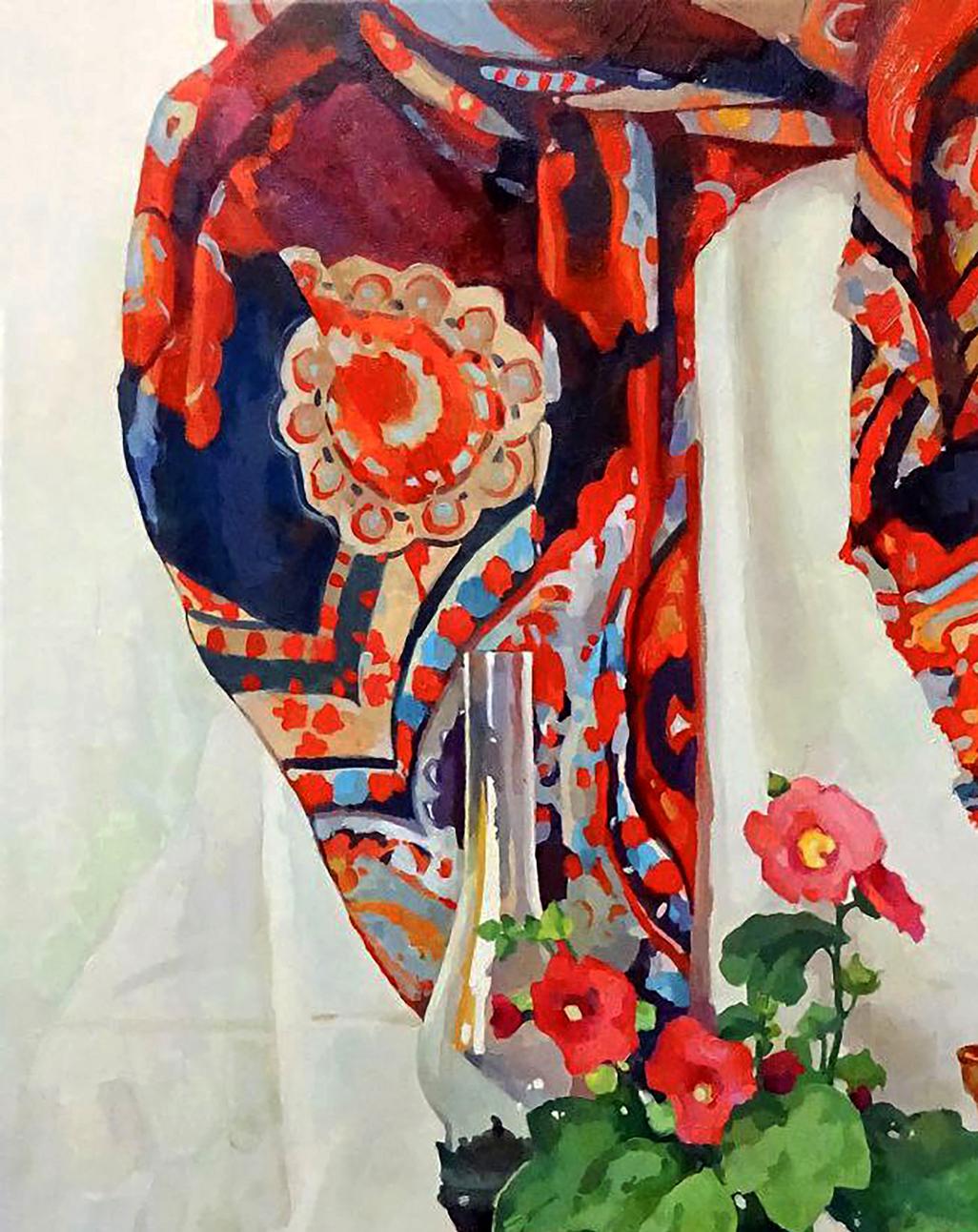Oil painting still life with hollyhocks by Anastasia Yaroshevich, vibrant scarf